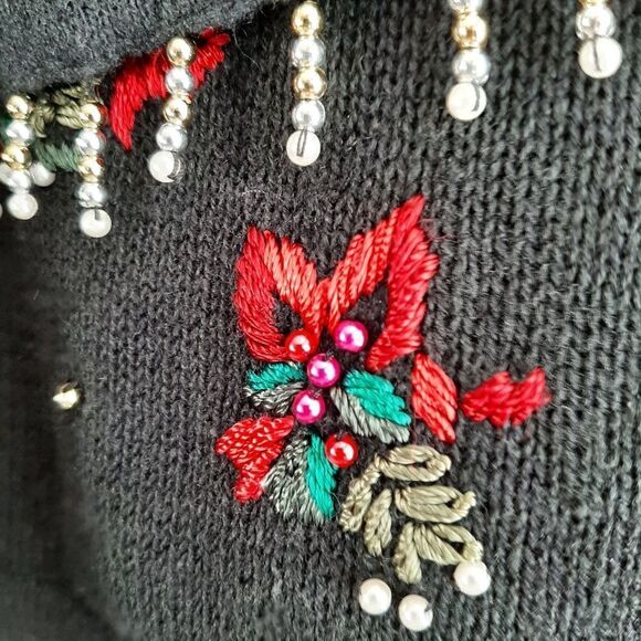 WHITE STAG Vintage Embroidery & Bead Work Christmas Bells Cardigan Sweater Sz XL - Picture 7 of 16